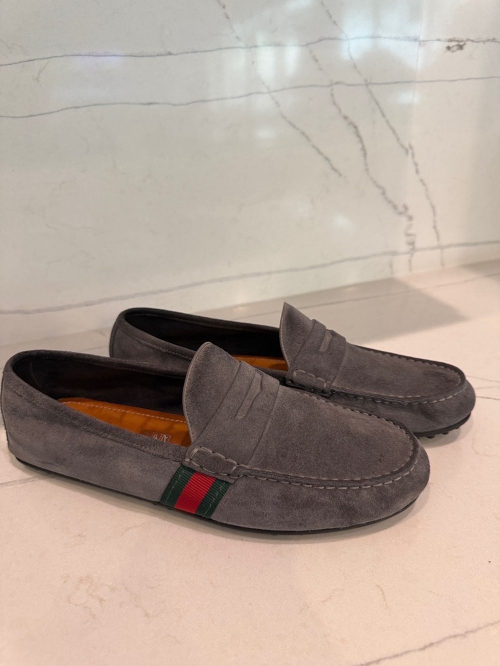 Gucci Gray Suede Loafers with Green-Red Web Detail